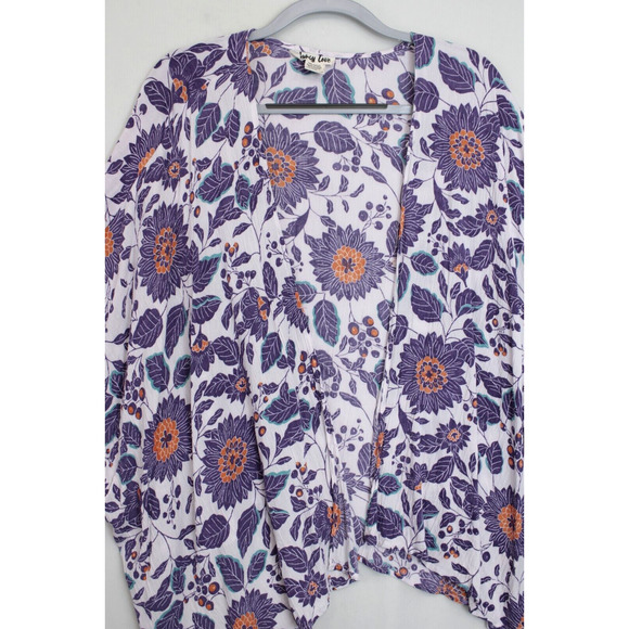 Gypsy Love Open Cardigan Kimono Beach Cover Up Tunic OS White Purple Floral - Picture 3 of 8